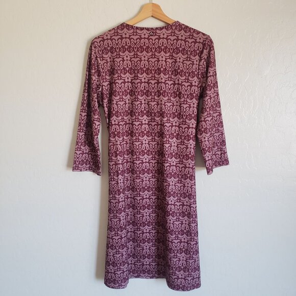 PrAna Twist Faux Wrap Printed V-Neck Dress 3/4 Sleeves Burgundy Sz Large Stretch - Picture 7 of 9